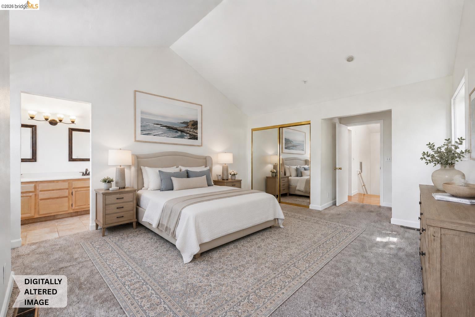 261 Redhawk Road Novato, CA 94949 - Photo 32 of 47 Vaulted ceiling bedroom with soft gray carpeting and a gold-framed mirrored closet