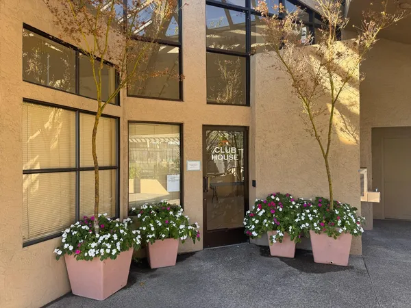 a view of a flower garden in front of a building
