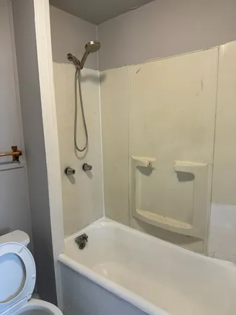 a bathroom with a shower and a toilet