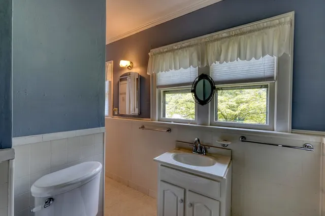 a bathroom with a sink a toilet and a mirror