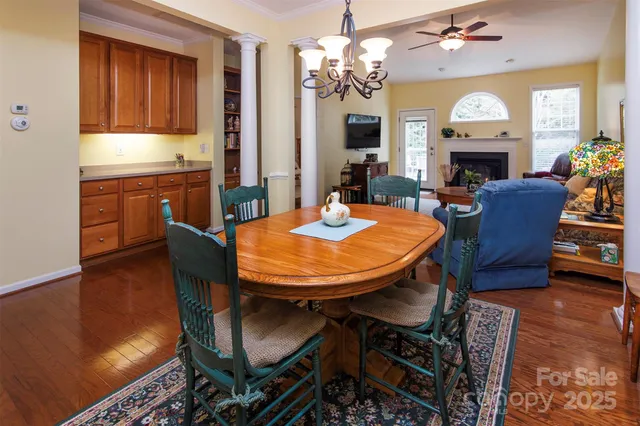 a view of a dining room with furniture