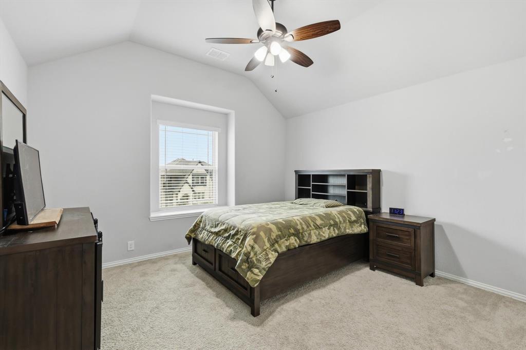 924 Timber Ridge Drive Justin, TX 76247 - Photo 25 of 32 Carpeted room with a vaulted ceiling, a single window, and a ceiling fan with integrated lighting