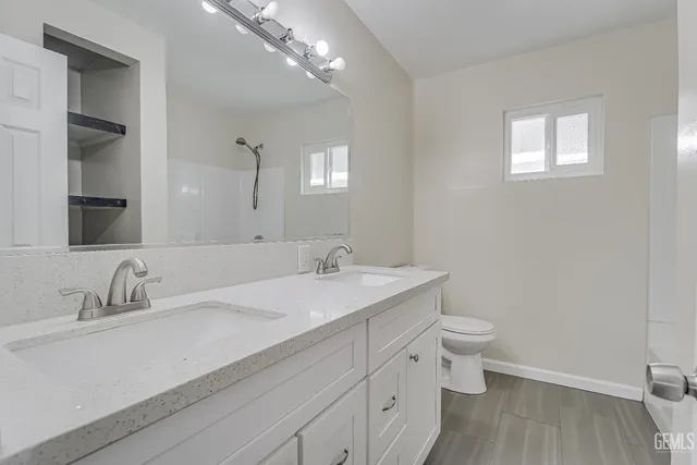 a bathroom with a sink a toilet and a mirror