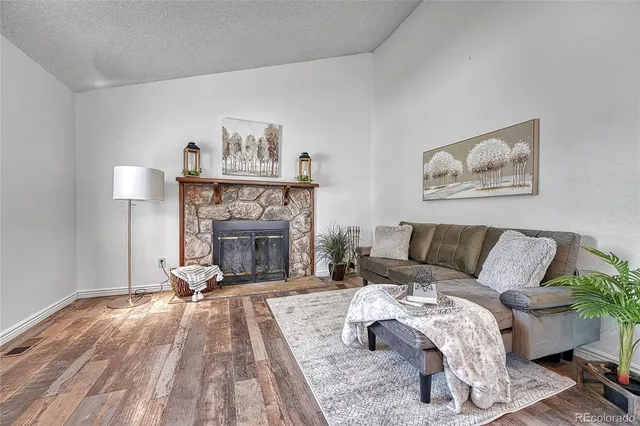 a living room with furniture and a fireplace