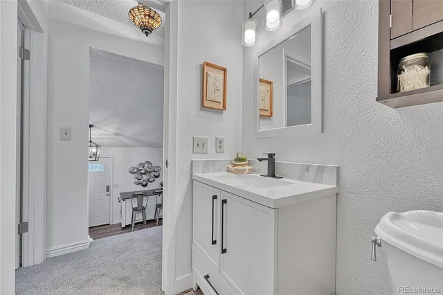 a bathroom with a sink a toilet and mirror