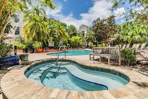 swimming pool view with a garden