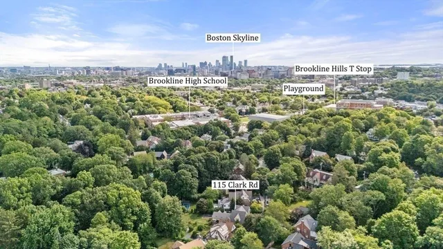 a view of a city with lush green forest