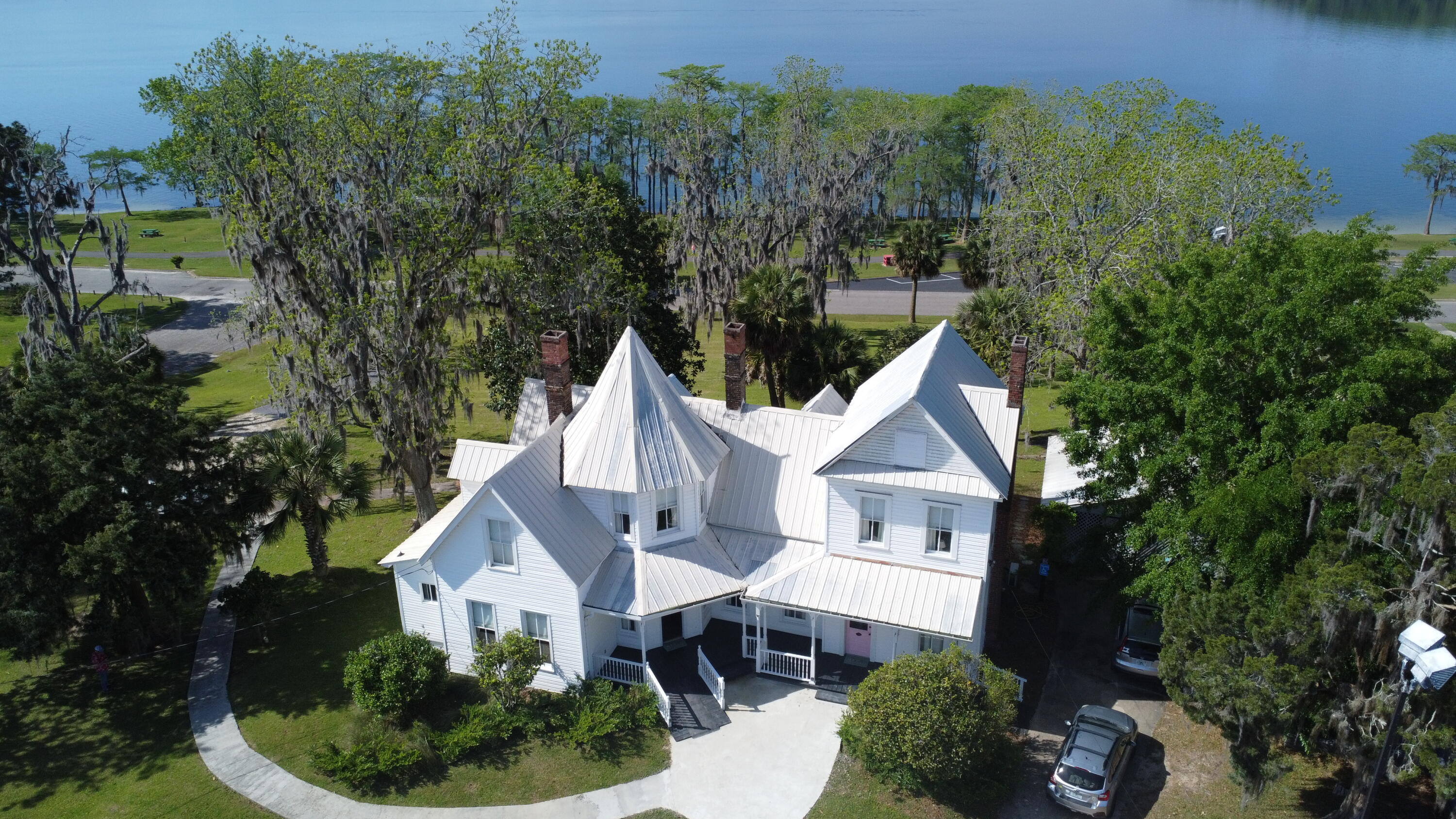 a aerial view of a house with garden