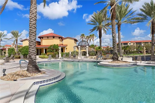 a view of a backyard with swimming pool