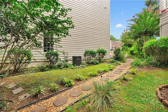 a view of a yard with plants and large trees