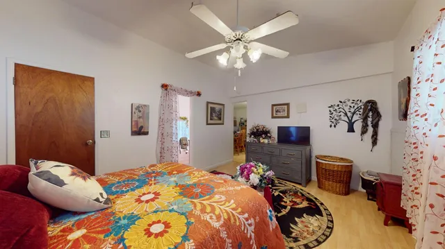 a bedroom with a bed and ceiling fan