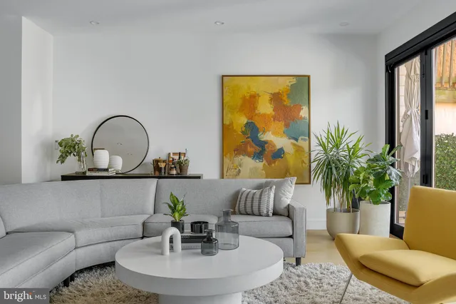 a living room with furniture and a potted plant