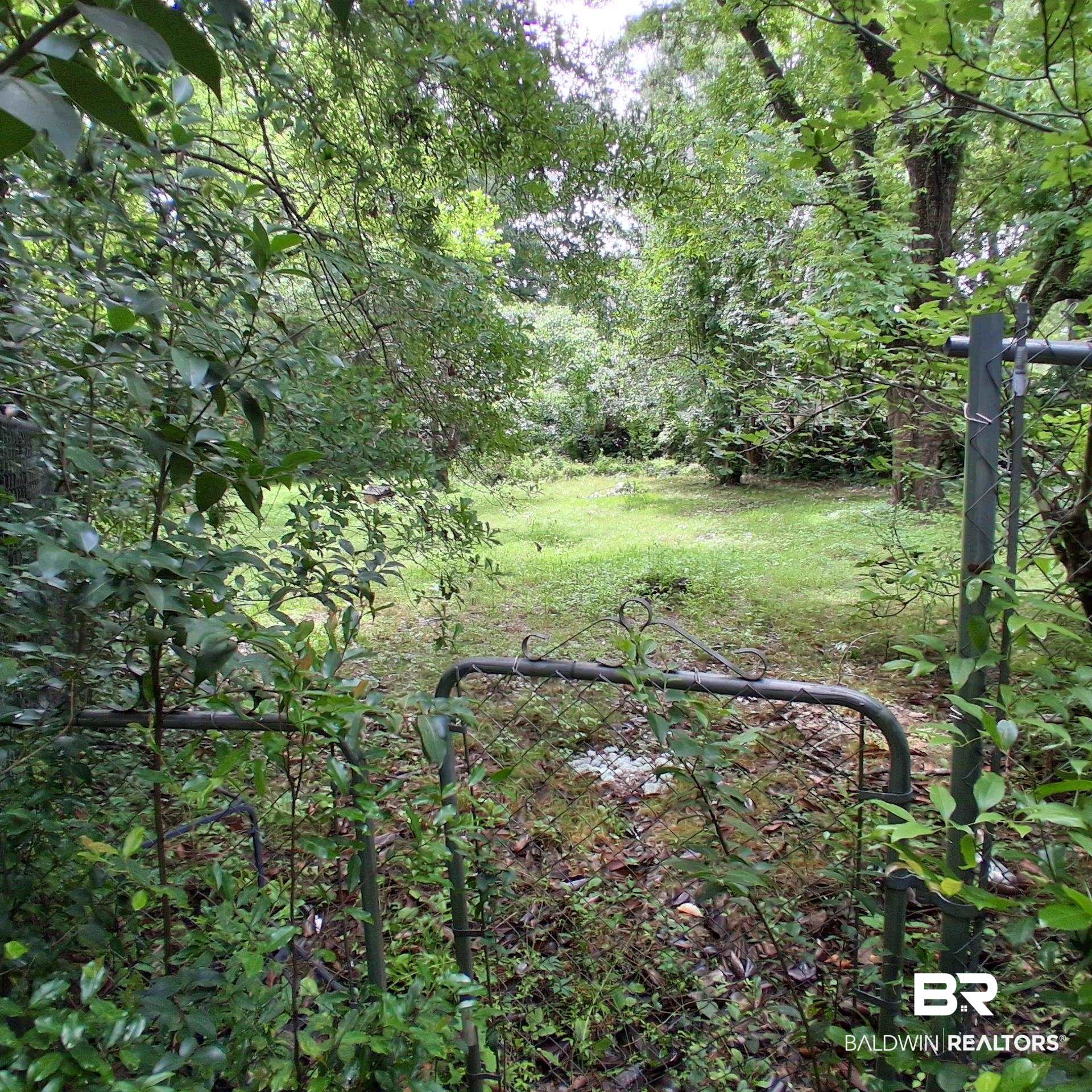 403 Bruner Avenue Evergreen, AL 36401 - Photo 9 of 9 Gated property entrance opening to a spacious, undeveloped lot surrounded by mature trees and natural foliage