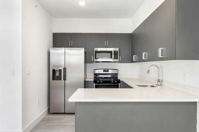 a kitchen with stainless steel appliances a refrigerator and a sink