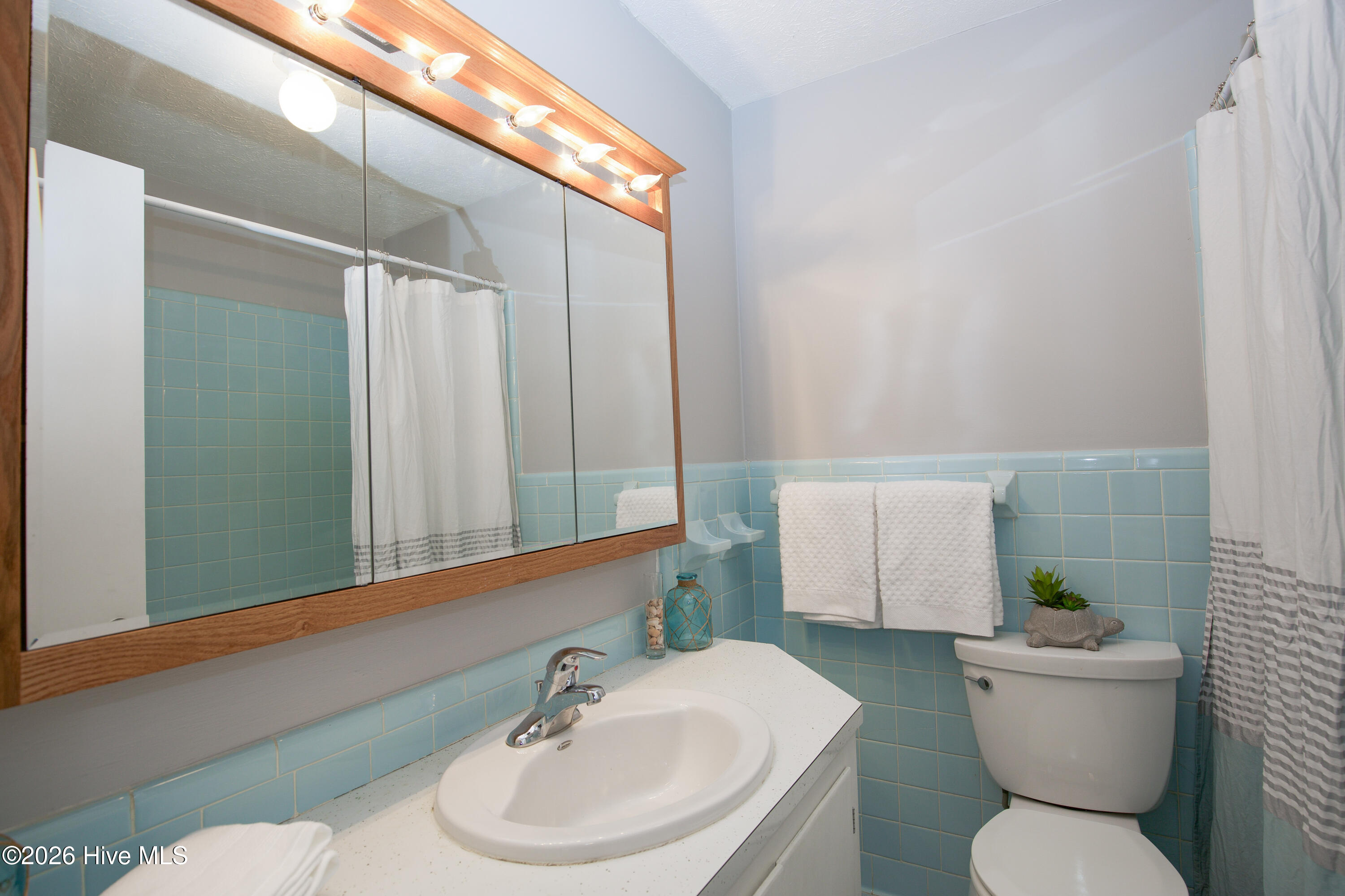 5068 Lobelia Road Vass, NC 28394 - Photo 48 of 70 Cheerful full bathroom with vintage blue tile, updated lighting, and a shower/tub combo—combining character with everyday functionality.