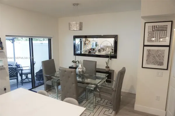 a view of a dining room with furniture window and outside view