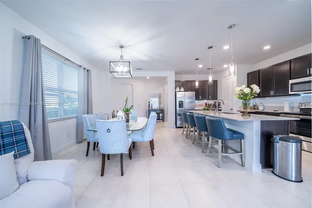 a view of a dining room with furniture window and outside view