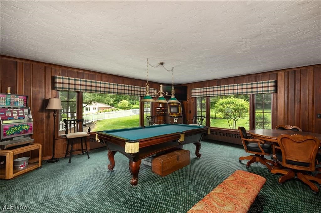Rec room with billiards, wooden walls, and carpet