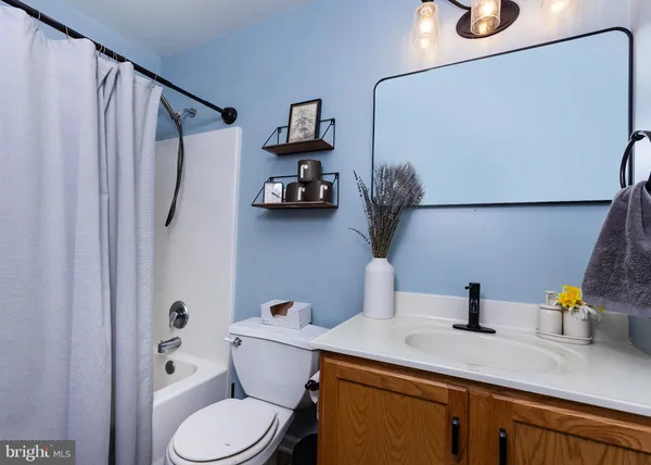 a bathroom with a sink a toilet and shower curtain