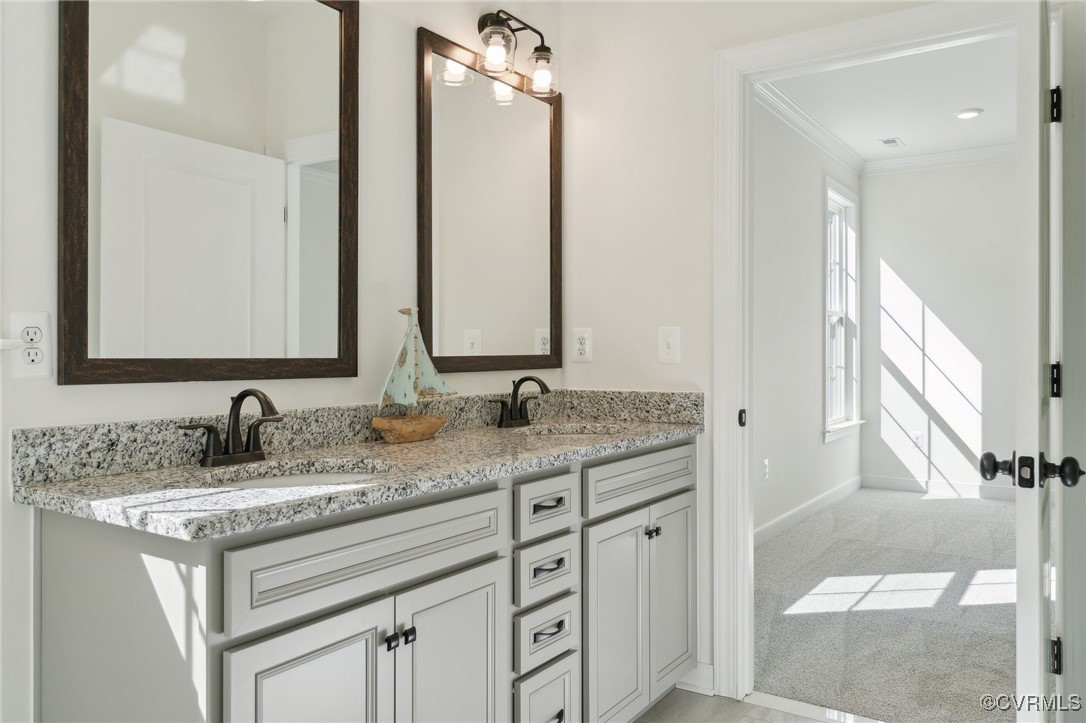 340 Rainbow Ridge Bumpass, VA 23024 - Photo 16 of 29 a bathroom with a granite countertop sink and a mirror