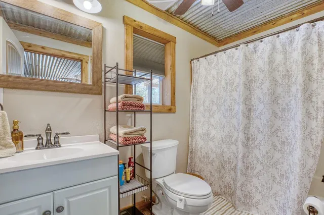 a bathroom with a sink a toilet and shower curtain