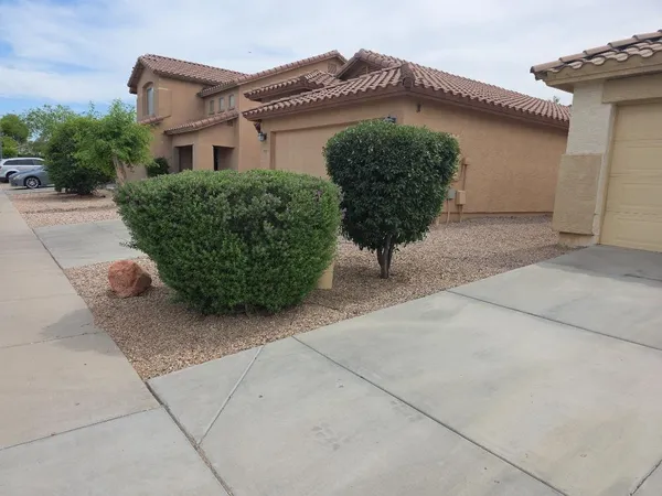 a view of a house with a small yard and plants