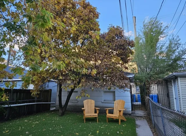 a garden view with a seating space