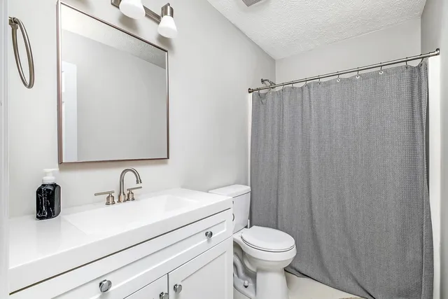 a bathroom with a sink a toilet a mirror and shower curtain