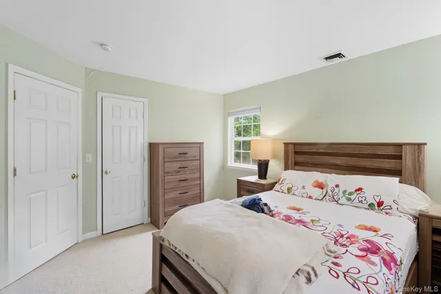 a bedroom with a bed and a closet