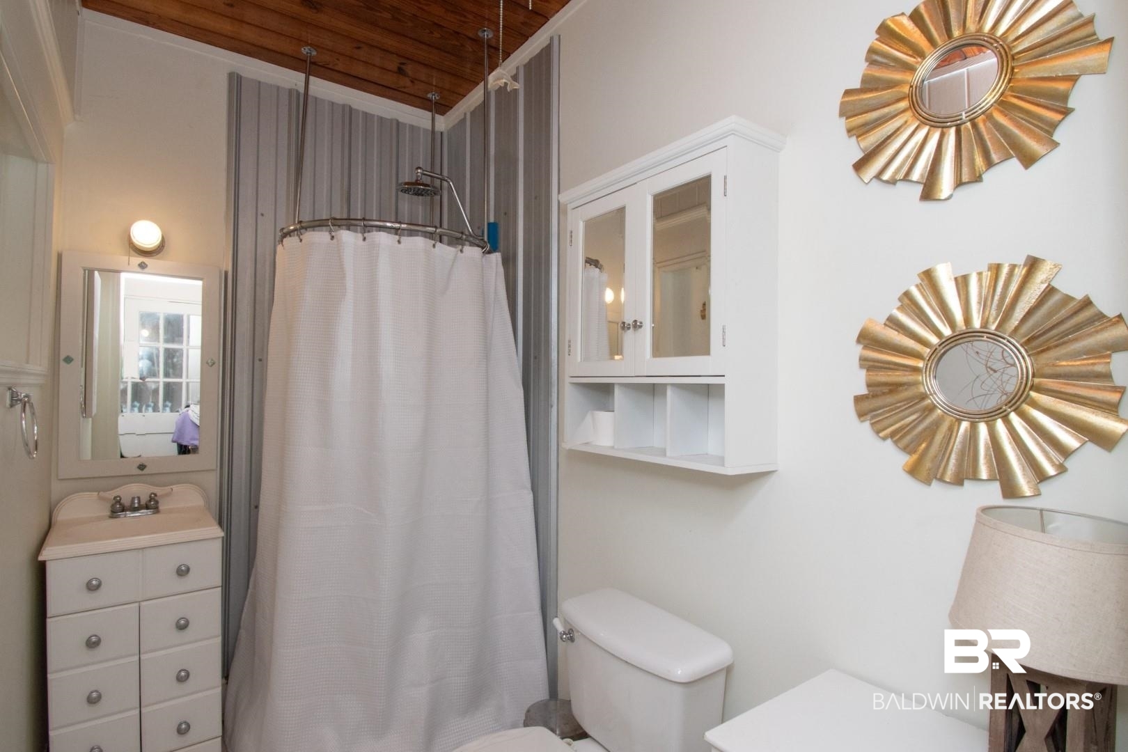20 Kirby Street Mobile, AL 36607 - Photo 35 of 35 Bathroom with vanity, a shower with shower curtain, wood ceiling, and toilet