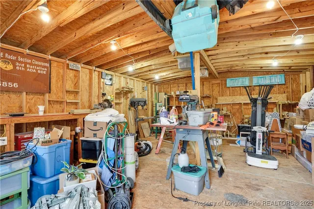 a view of a storage room with furniture