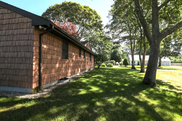 a view of backyard with tree and wooden fence