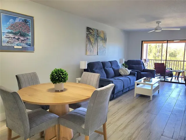 a view of a dining room with furniture window and wooden floor
