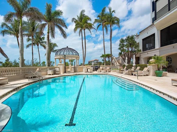 a view of swimming pool with chairs and palm tree