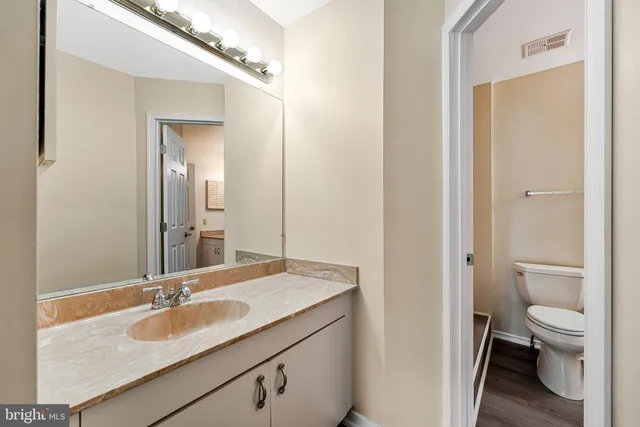 a bathroom with a granite countertop sink a toilet and a large mirror