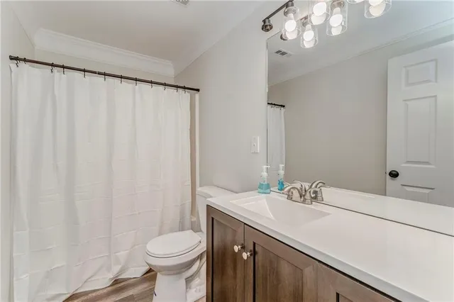 a bathroom with a sink a toilet and shower curtain