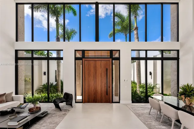 a living room with furniture and a large window with outer view