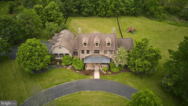 a aerial view of a house with a yard plants and large tree