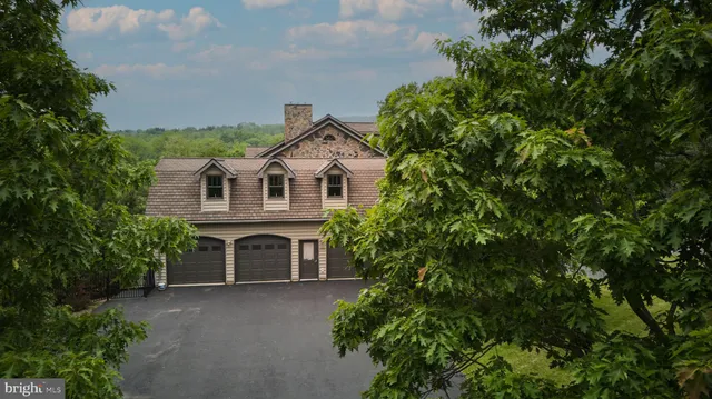 an aerial view of a residential houses with outdoor space and trees