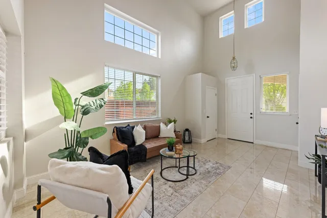 a living room with furniture and a potted plant