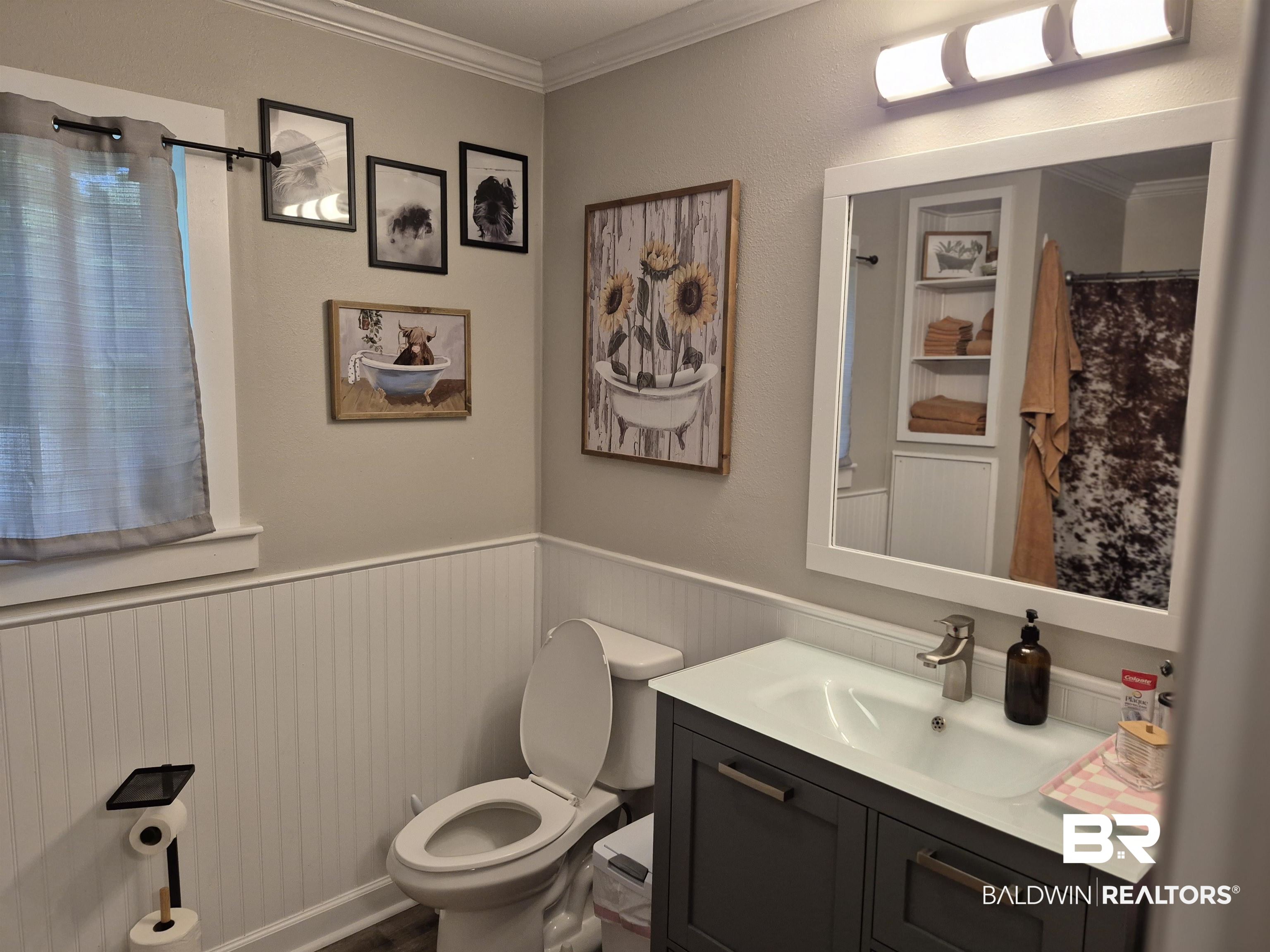 24681 Olive Street Elberta, AL 36530 - Photo 17 of 22 Full bathroom featuring vanity, toilet, crown molding, and wainscoting