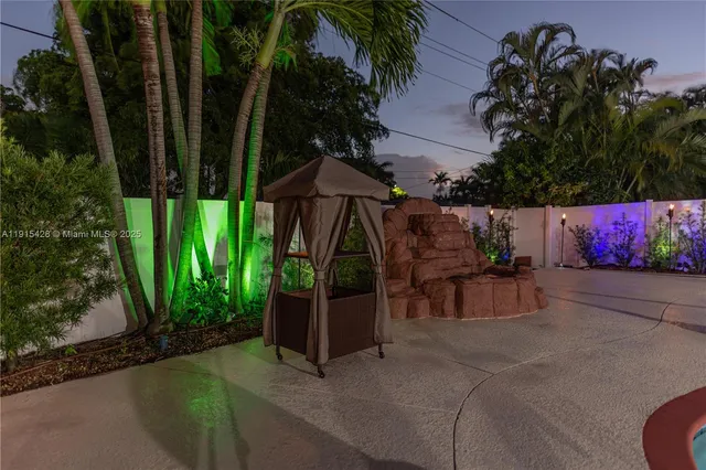 an outdoor space with seating