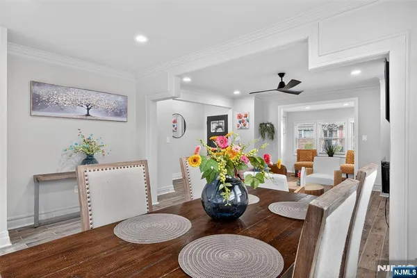 a view of a dining room with furniture