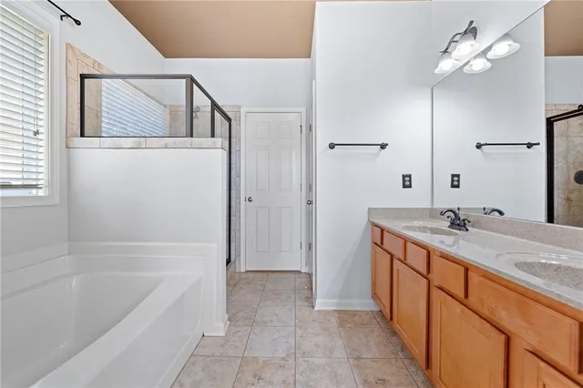 a bathroom with a tub a sink and mirror