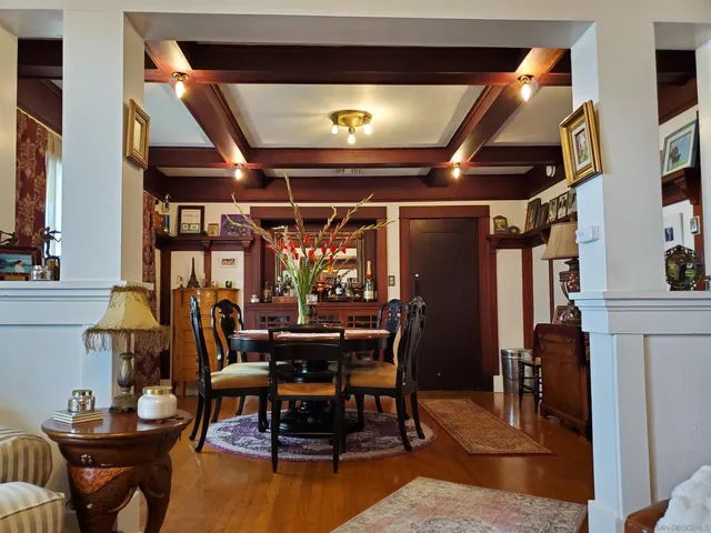a view of a dining room with furniture