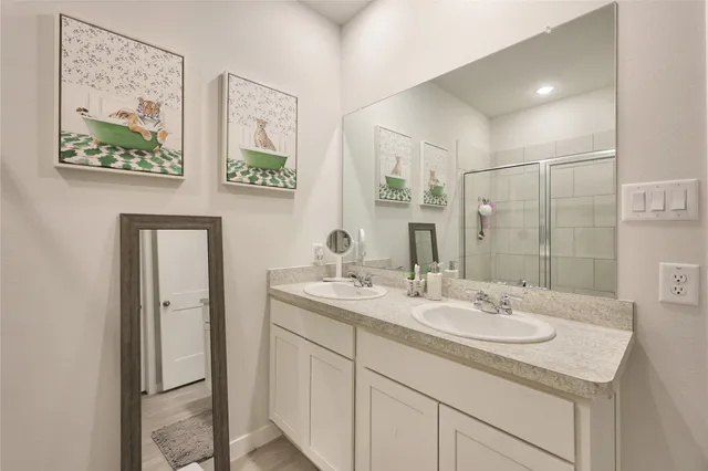 a bathroom with a sink and a mirror