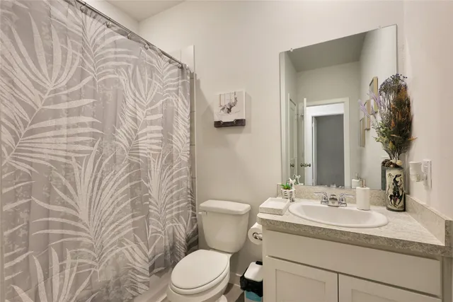 a bathroom with a sink a toilet and shower curtain