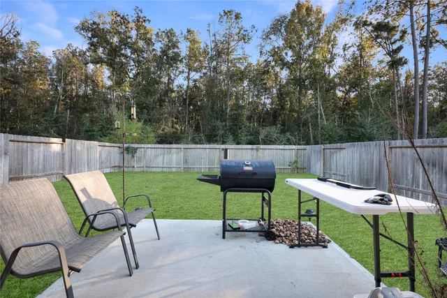 a garden view with a seating space