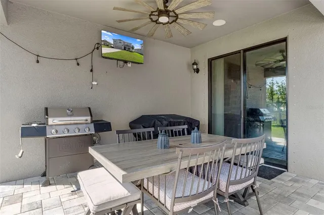 a view of a tennis ground with a large trees