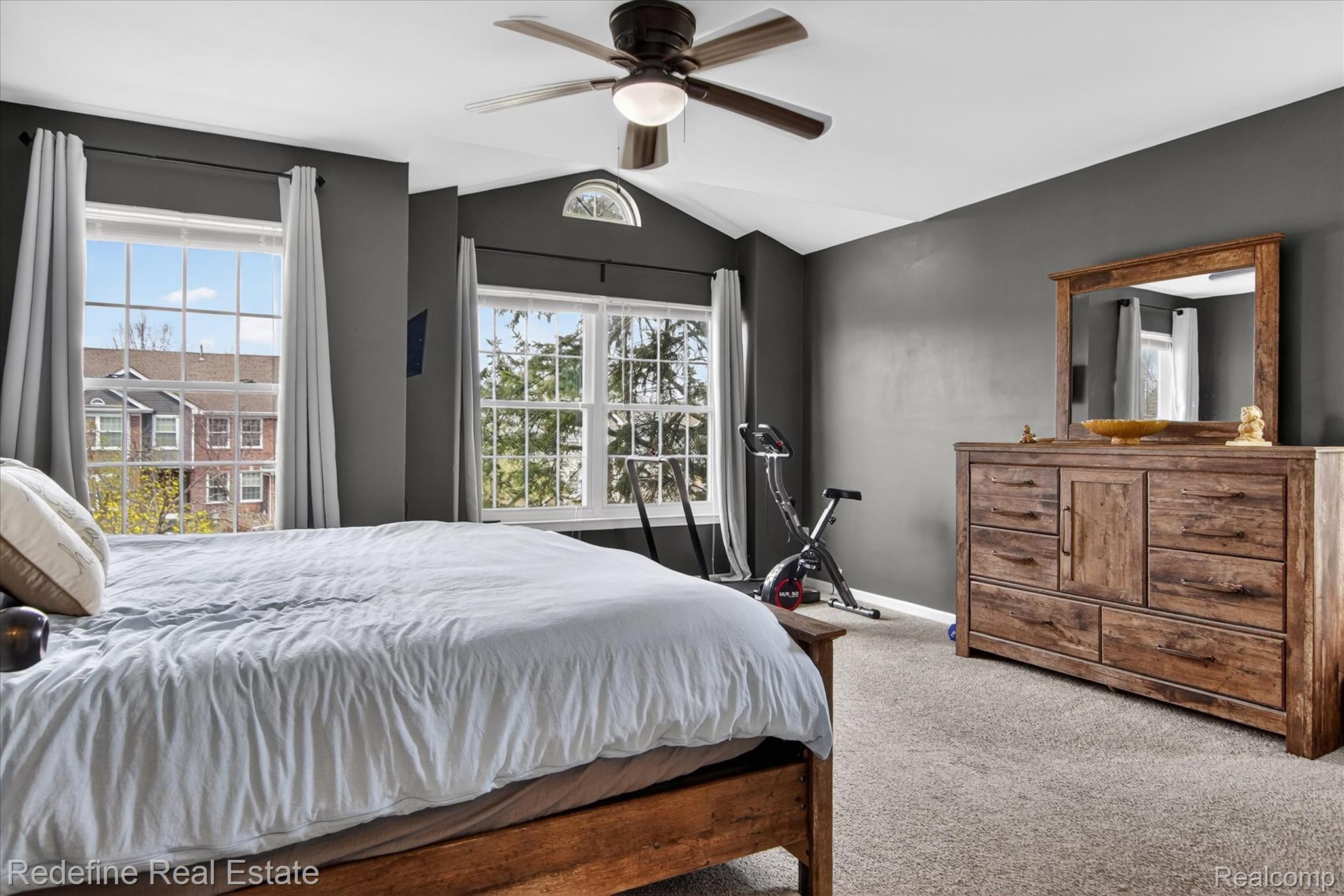 45663 Radnor Road Canton, MI 48187 - Photo 19 of 51 Bedroom featuring carpet floors, vaulted ceiling, and a ceiling fan